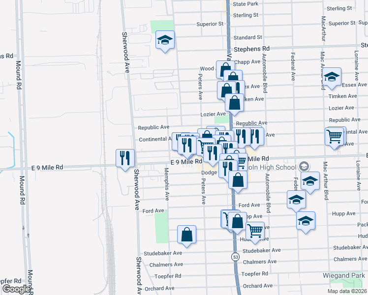map of restaurants, bars, coffee shops, grocery stores, and more near 7211 Paige Avenue in Warren