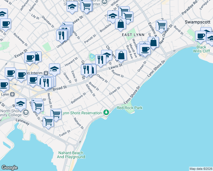 map of restaurants, bars, coffee shops, grocery stores, and more near 48 Breed Street in Lynn