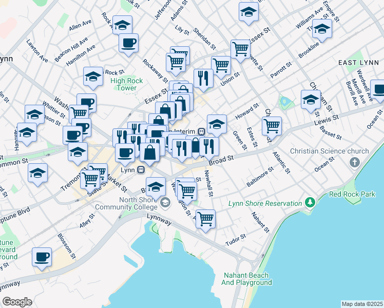 map of restaurants, bars, coffee shops, grocery stores, and more near 149 Broad Street in Lynn