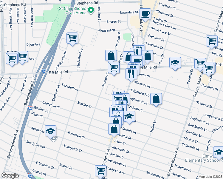 map of restaurants, bars, coffee shops, grocery stores, and more near 22617 Grove Street in St. Clair Shores