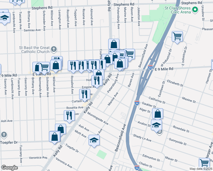 map of restaurants, bars, coffee shops, grocery stores, and more near 22425 Petersburg Avenue in Eastpointe