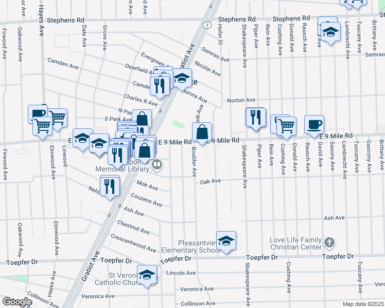 map of restaurants, bars, coffee shops, grocery stores, and more near 22473 Boulder Avenue in Eastpointe