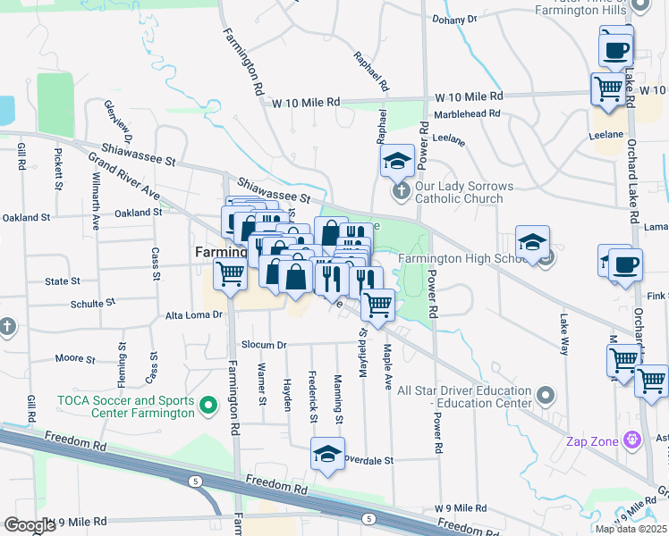 map of restaurants, bars, coffee shops, grocery stores, and more near 32830 Grand River Avenue in Farmington