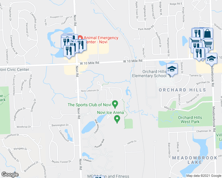 map of restaurants, bars, coffee shops, grocery stores, and more near 23789 Seminole Trail in Novi