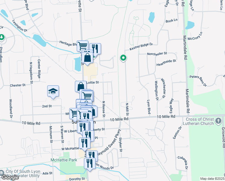map of restaurants, bars, coffee shops, grocery stores, and more near 402 Donovan Street in South Lyon