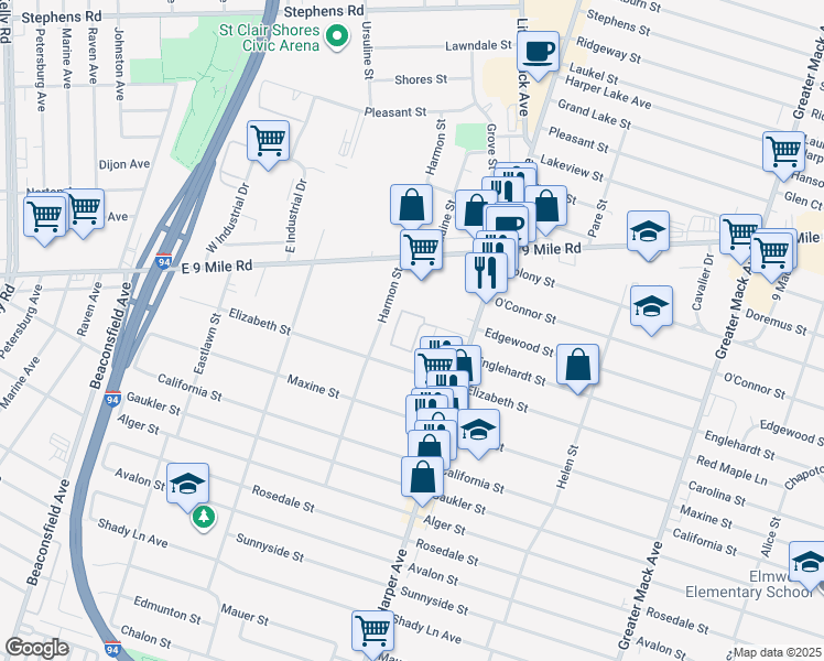 map of restaurants, bars, coffee shops, grocery stores, and more near 22617 Grove Street in St. Clair Shores