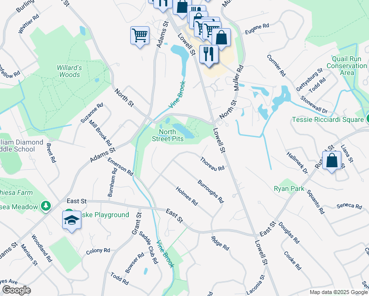 map of restaurants, bars, coffee shops, grocery stores, and more near 14 Thoreau Road in Lexington