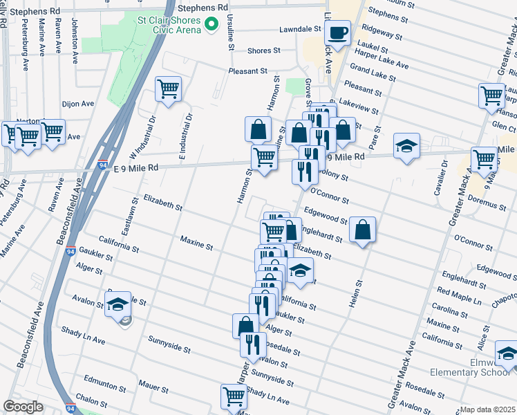 map of restaurants, bars, coffee shops, grocery stores, and more near 22617 Grove Street in St. Clair Shores