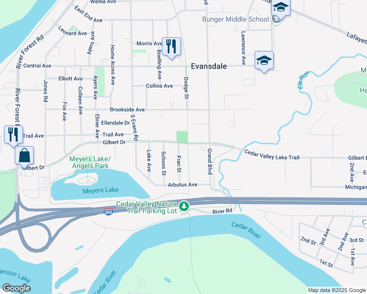 map of restaurants, bars, coffee shops, grocery stores, and more near Evansdale Nature Trail in Evansdale