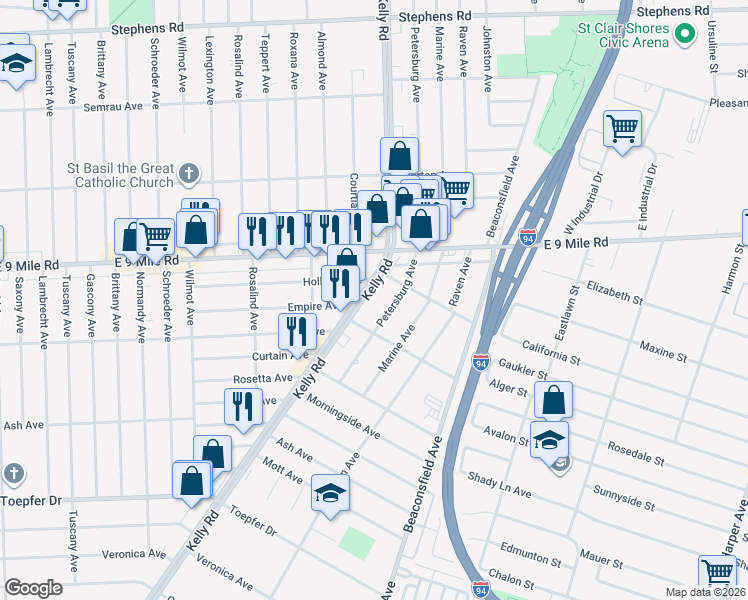 map of restaurants, bars, coffee shops, grocery stores, and more near 22425 Petersburg Avenue in Eastpointe