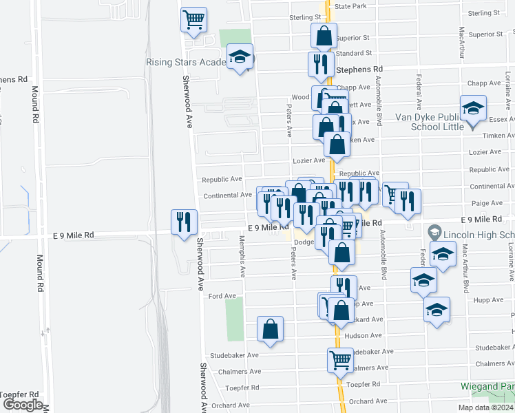 map of restaurants, bars, coffee shops, grocery stores, and more near 7029 Paige Avenue in Warren