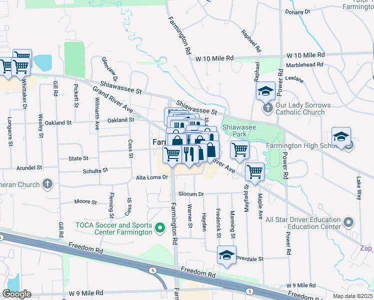 map of restaurants, bars, coffee shops, grocery stores, and more near 33175 Grand River Avenue in Farmington
