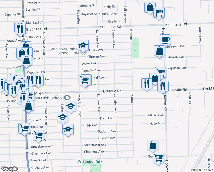 map of restaurants, bars, coffee shops, grocery stores, and more near 11060 Paige Avenue in Warren