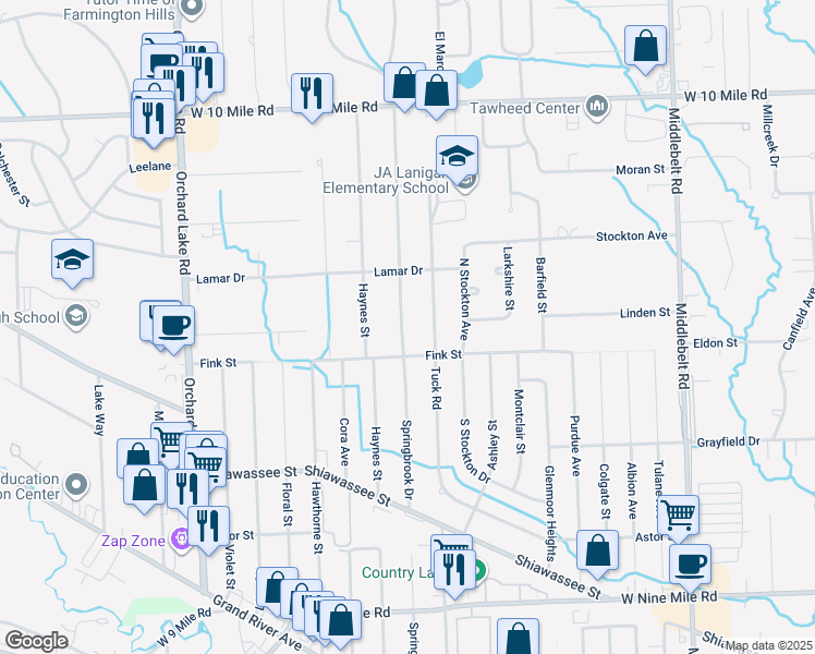 map of restaurants, bars, coffee shops, grocery stores, and more near 23362 Springbrook Drive in Farmington Hills