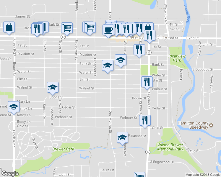 map of restaurants, bars, coffee shops, grocery stores, and more near 1301 Des Moines Street in Webster City