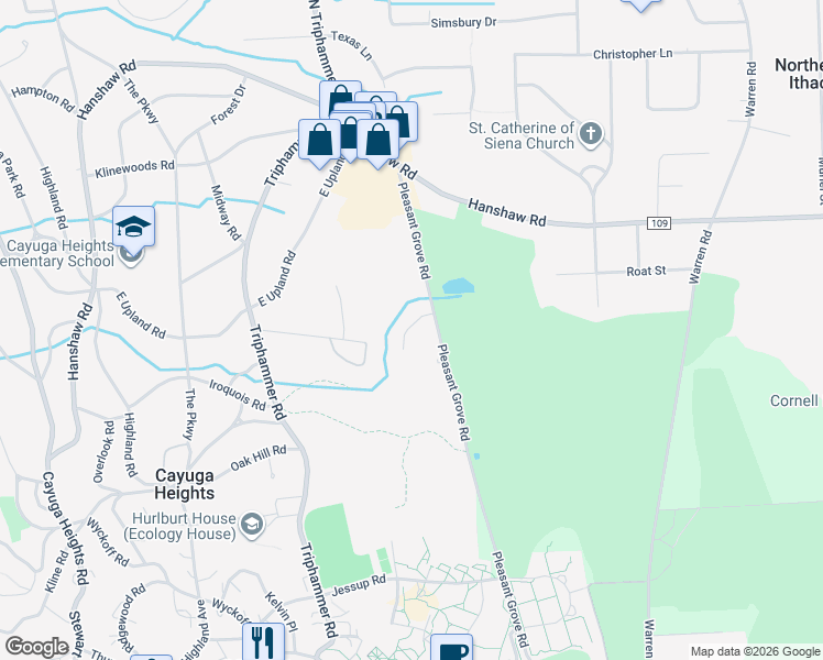 map of restaurants, bars, coffee shops, grocery stores, and more near 4 Pleasant Grove Lane in Ithaca