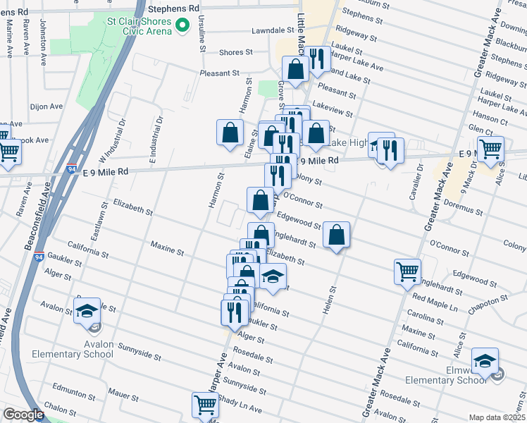 map of restaurants, bars, coffee shops, grocery stores, and more near 22701 Harper Avenue in St. Clair Shores