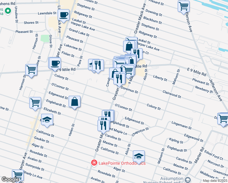 map of restaurants, bars, coffee shops, grocery stores, and more near in St. Clair Shores