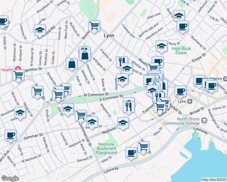 map of restaurants, bars, coffee shops, grocery stores, and more near in Lynn