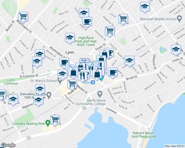map of restaurants, bars, coffee shops, grocery stores, and more near 144 Munroe Street in Lynn