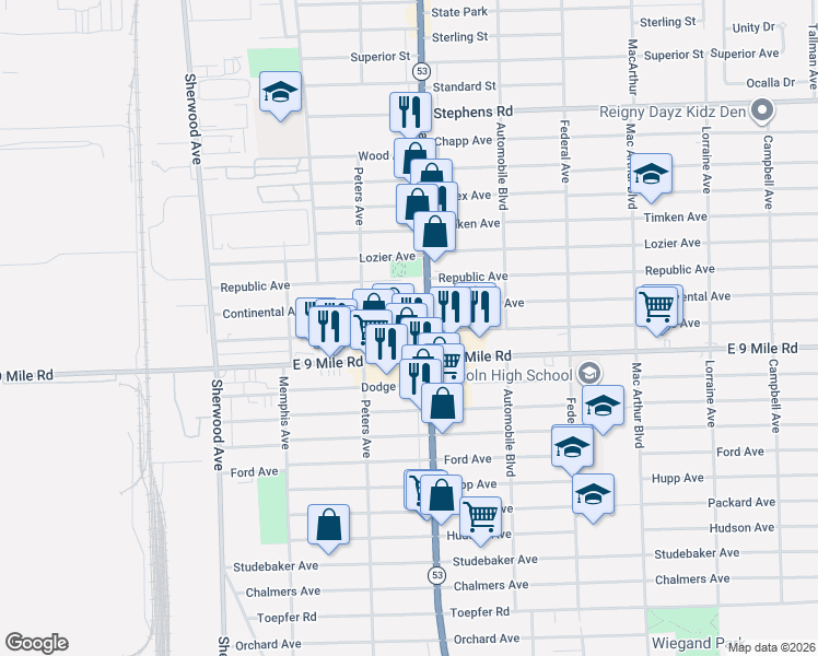 map of restaurants, bars, coffee shops, grocery stores, and more near 7589 East 9 Mile Road in Warren