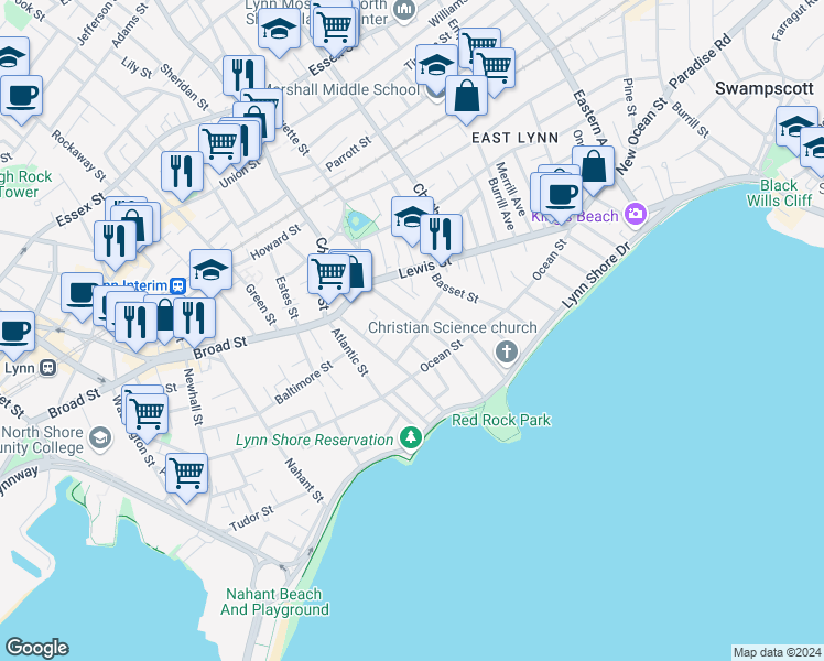 map of restaurants, bars, coffee shops, grocery stores, and more near 48 Breed Street in Lynn