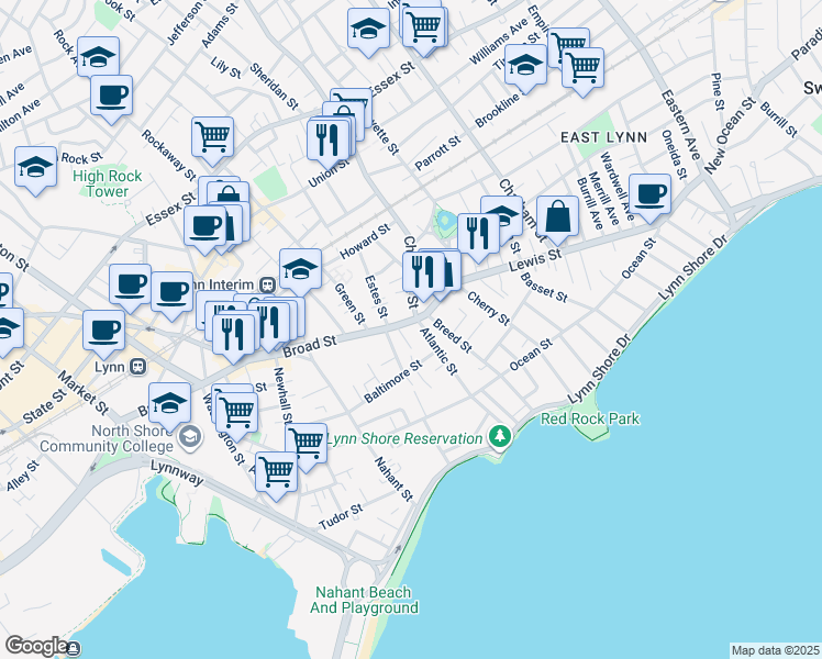 map of restaurants, bars, coffee shops, grocery stores, and more near 11-15 Broad Street Place in Lynn