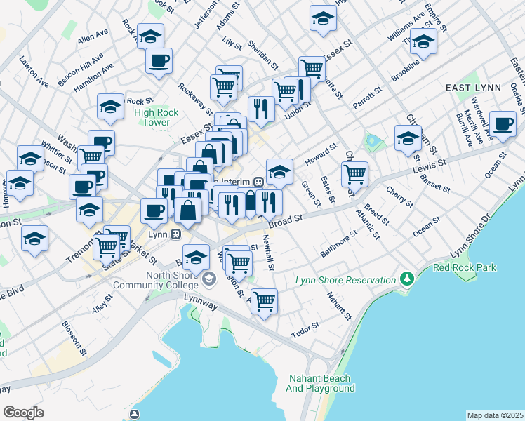 map of restaurants, bars, coffee shops, grocery stores, and more near 105 Broad Street in Lynn