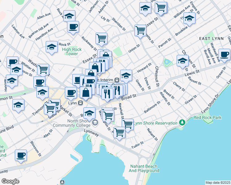 map of restaurants, bars, coffee shops, grocery stores, and more near 149 Broad Street in Lynn