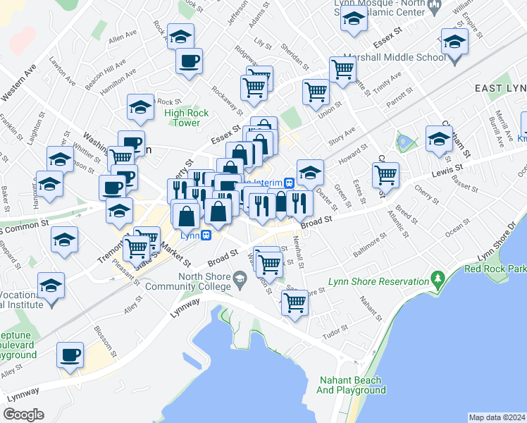 map of restaurants, bars, coffee shops, grocery stores, and more near 68 Exchange Street in Lynn