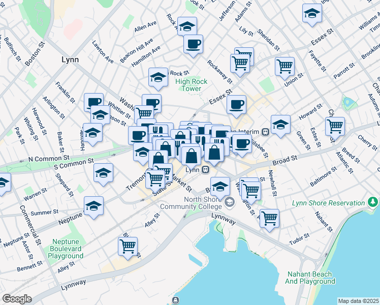 map of restaurants, bars, coffee shops, grocery stores, and more near 173 Oxford Street in Lynn