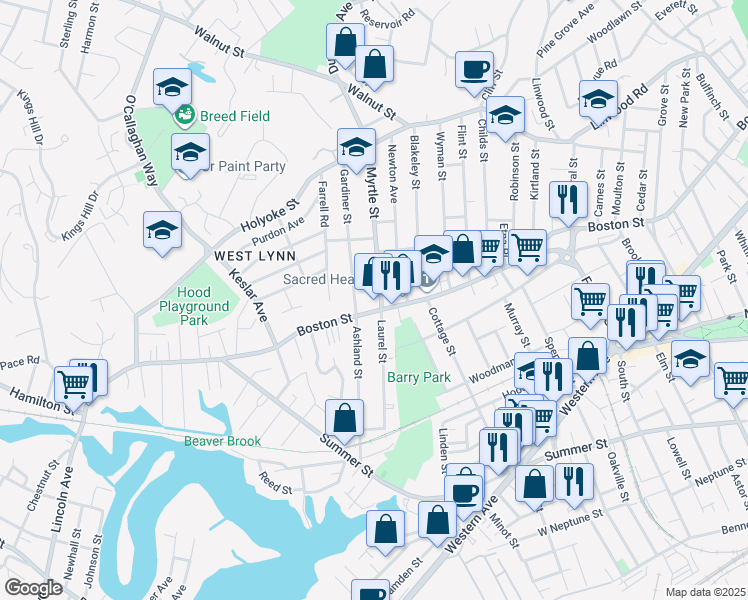 map of restaurants, bars, coffee shops, grocery stores, and more near 634 Boston Street in Lynn