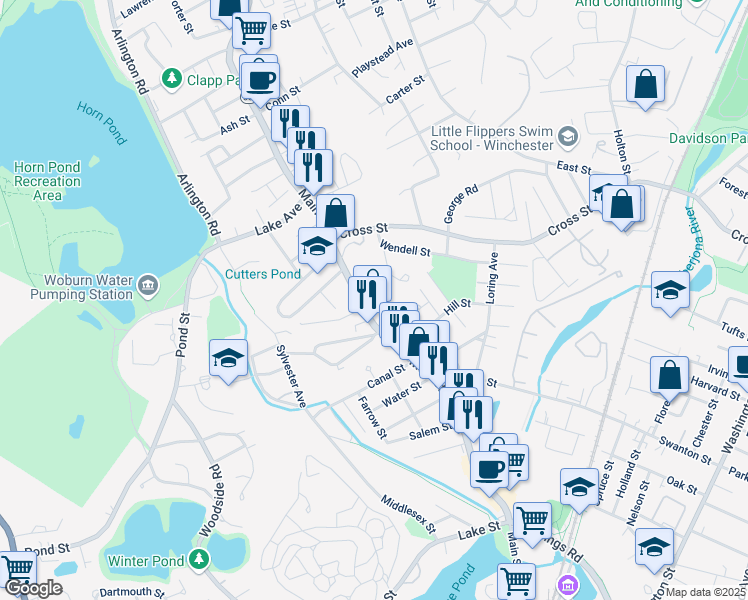 map of restaurants, bars, coffee shops, grocery stores, and more near 955 Main Street in Winchester
