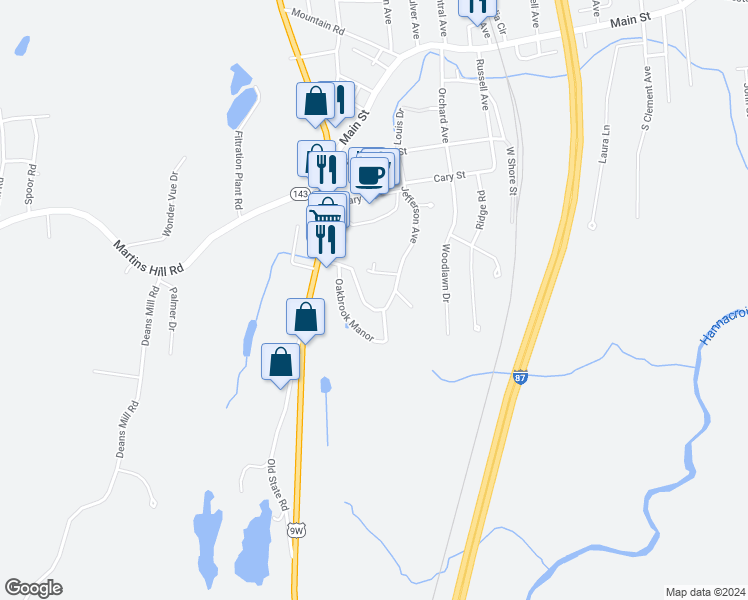 map of restaurants, bars, coffee shops, grocery stores, and more near Oakbrook Manor in Ravena