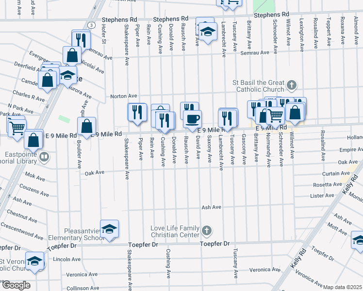 map of restaurants, bars, coffee shops, grocery stores, and more near 17100 East 9 Mile Road in Eastpointe