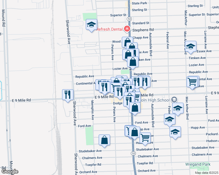 map of restaurants, bars, coffee shops, grocery stores, and more near 23061 Peters Avenue in Warren