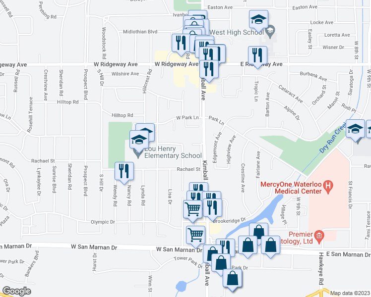 map of restaurants, bars, coffee shops, grocery stores, and more near 3346 Kimball Avenue in Waterloo