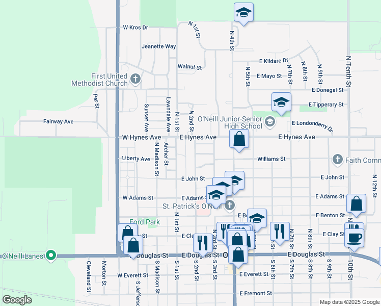 map of restaurants, bars, coffee shops, grocery stores, and more near 548-598 North 1st Street in O'Neill