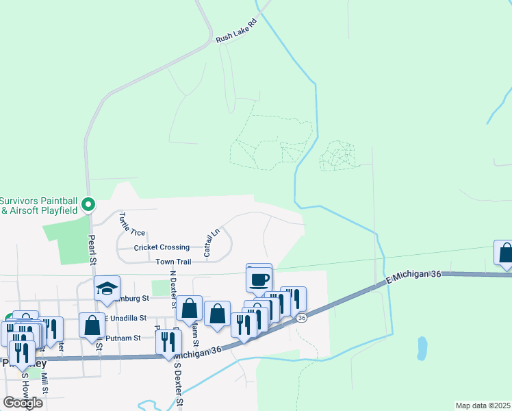 map of restaurants, bars, coffee shops, grocery stores, and more near 721 Cattail Lane in Pinckney