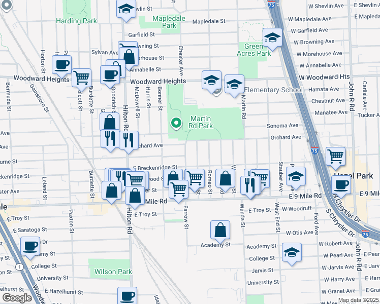 map of restaurants, bars, coffee shops, grocery stores, and more near 2114 Farrow Street in Ferndale
