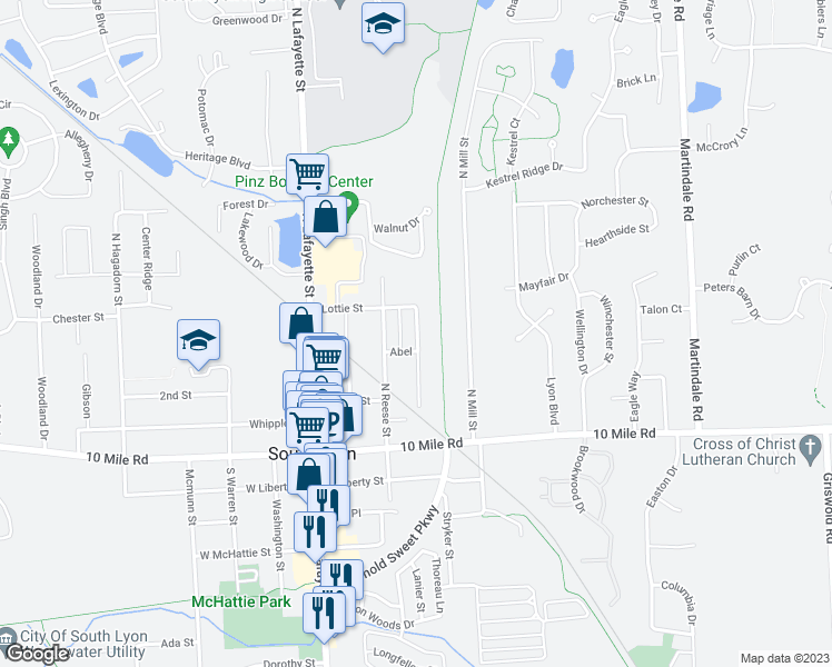 map of restaurants, bars, coffee shops, grocery stores, and more near 425 Donovan Street in South Lyon