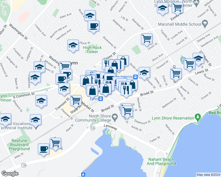 map of restaurants, bars, coffee shops, grocery stores, and more near 7 Central Square in Lynn