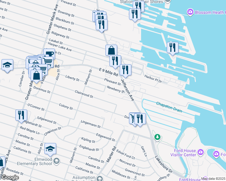 map of restaurants, bars, coffee shops, grocery stores, and more near 22944 Newberry Street in St. Clair Shores