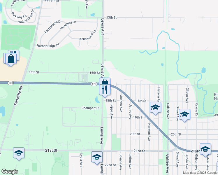 map of restaurants, bars, coffee shops, grocery stores, and more near 1700 Joppa Avenue in Zion