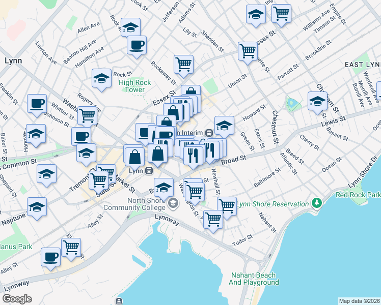 map of restaurants, bars, coffee shops, grocery stores, and more near 24 Mount Vernon Street in Lynn
