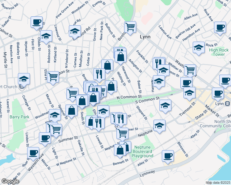 map of restaurants, bars, coffee shops, grocery stores, and more near 20 Park Street in Lynn