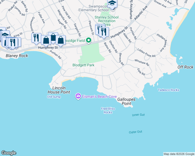 map of restaurants, bars, coffee shops, grocery stores, and more near 273 Puritan Road in Swampscott