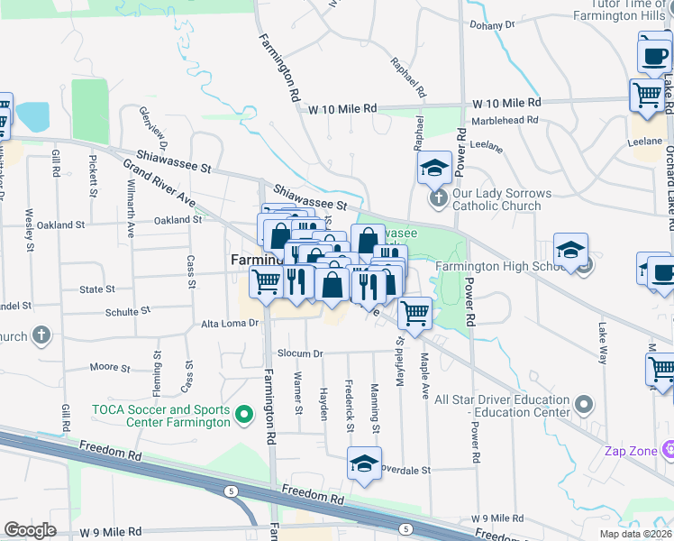 map of restaurants, bars, coffee shops, grocery stores, and more near 33107 Thomas Street in Farmington