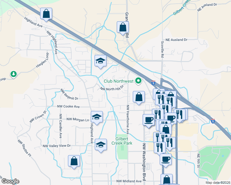 map of restaurants, bars, coffee shops, grocery stores, and more near 169 Northwest Blossom Drive in Grants Pass