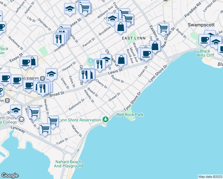 map of restaurants, bars, coffee shops, grocery stores, and more near 53 Cherry Street in Lynn